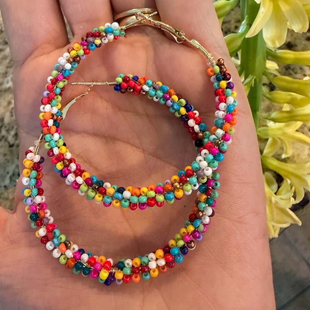 Multicolor Beaded Hoop Earrings - Women Jewelry - Picture 3 of 4